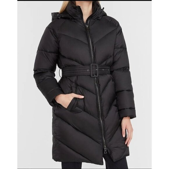 NWOT Express Belted Black Quilted Puffer Long Winter Jacket with Hood - Picture 1 of 13